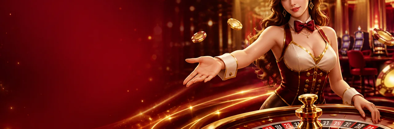 Banner casino với bàn roulette và chip vàng